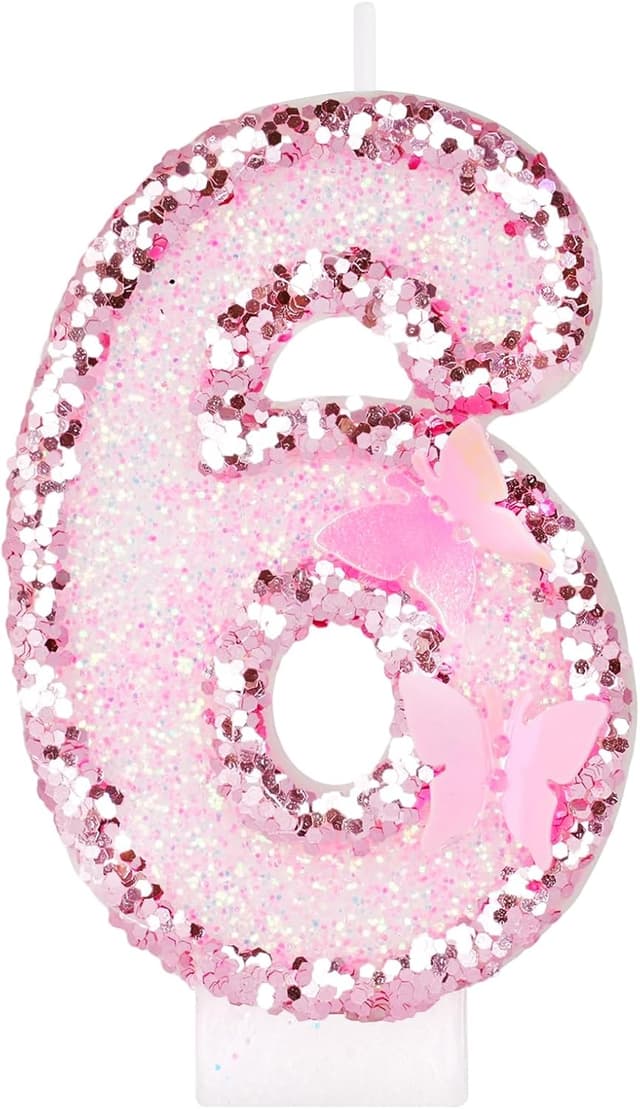 Detalle de Alaoo Butterfly Birthday Candles – Pink Number 6 Glitter Candle & Cake Topper