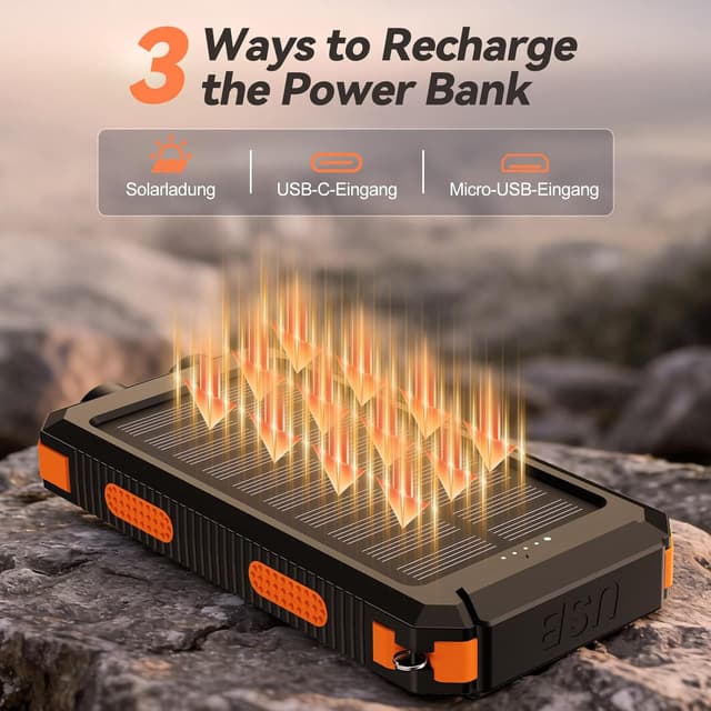 Detalle de Vikeri Solar Power Bank 26800mAh with USB-C fast charging, solar panel, torch & compass (Dark Orange)