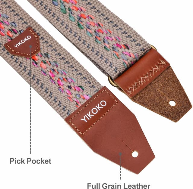 Detalle de YIKOKO Gitarrengurt mit Vollnarbenlederenden, 5,1 cm Breite – Baumwolle für Bass-, E- und Akustikgitarre