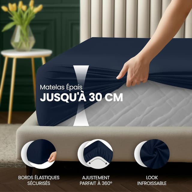 Detalle 2 de Utopia Bedding Drap housse bleu marine 90 x 190 cm à bords 30 cm (certifié Oeko-Tex)