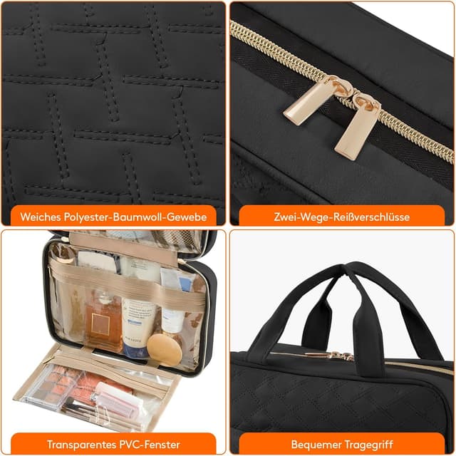 Detalle de Lifewit Reise Kulturbeutel Damen (Medium, Schwarz) – großer, aufhängbarer Organizer mit transparenter Schminktasche