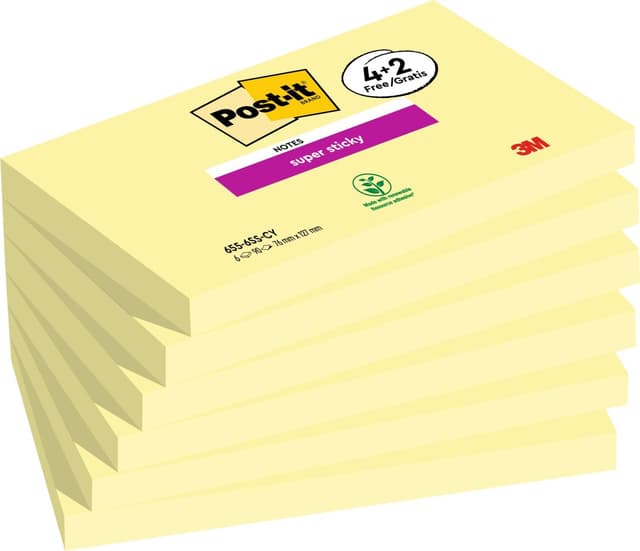 Detalle de Post-it Super Sticky Notes (Canary Yellow) – 76 x 127 mm, 540 sheets with extra-strong double sticking power