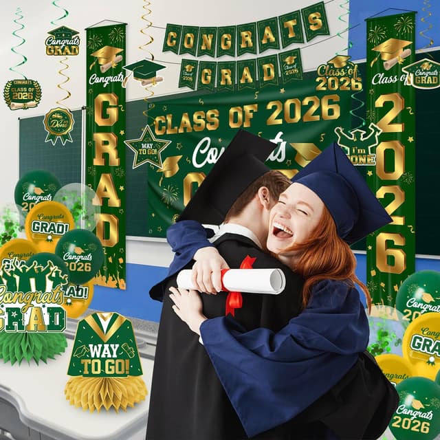 Thumbnail 6 de M AMFEOV 2026 Green and Gold Graduation Party Decor Set with Congrats Grad Banner, Backdrop & Balloons