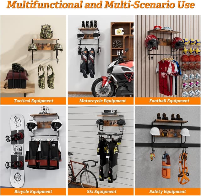 Thumbnail 6 de OMISRUIS Motorcycle Helmet Holder Wall Mounted with Iron & Wood Rack, 4 Glove Clips and 4 Hooks