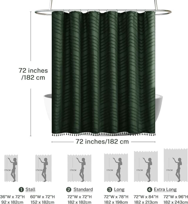 Detalle 1 de Siiluminisoy Dark Green Boho Shower Curtain with Tassels (72 x 72 in) for Bathroom Privacy & Water Control