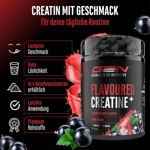 Detalle de GEN German Elite Nutrition Flavoured Creatine Pulver (550 g) – Kreatinmonohydrat mit L-Taurin, schwarzbeeren, zuckerfrei