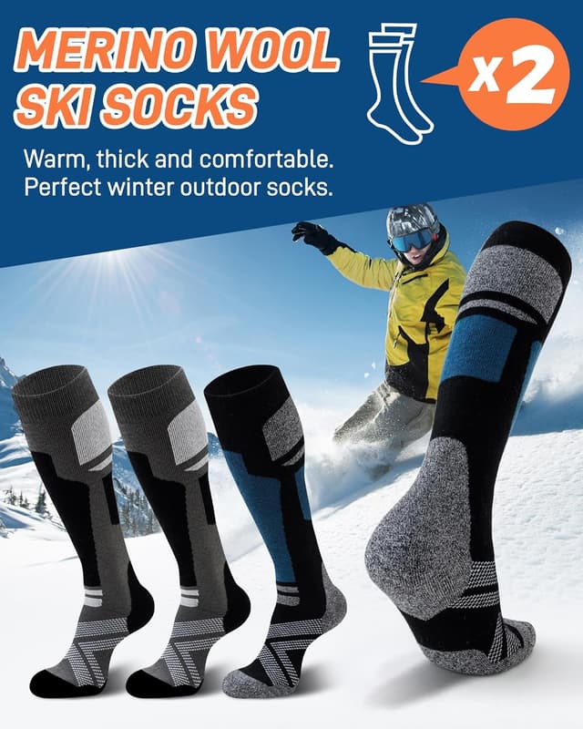 Detalle de Niorasen Merino Wool Ski Socks (Unisex) – 2 Pairs Thermal Knee-High for Winter Sports