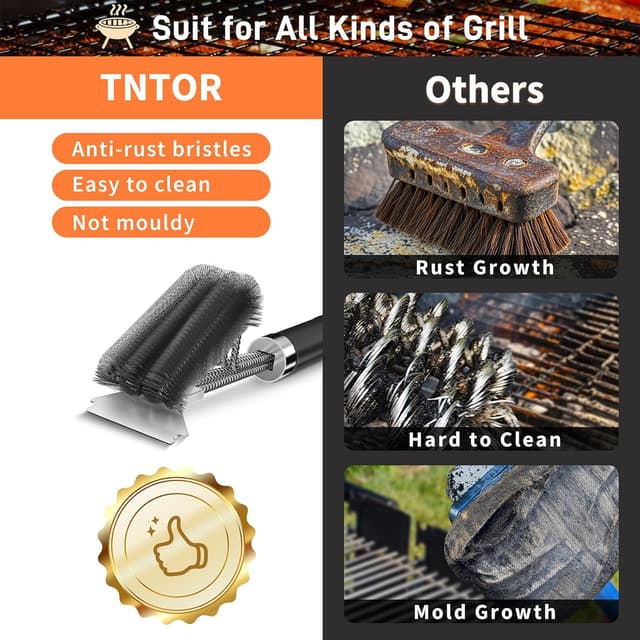 Detalle de TNTOR Grill Brush with Scraper (18" Adjustable Handle) for BBQ, Smoker, Gas & Charcoal Cleaning