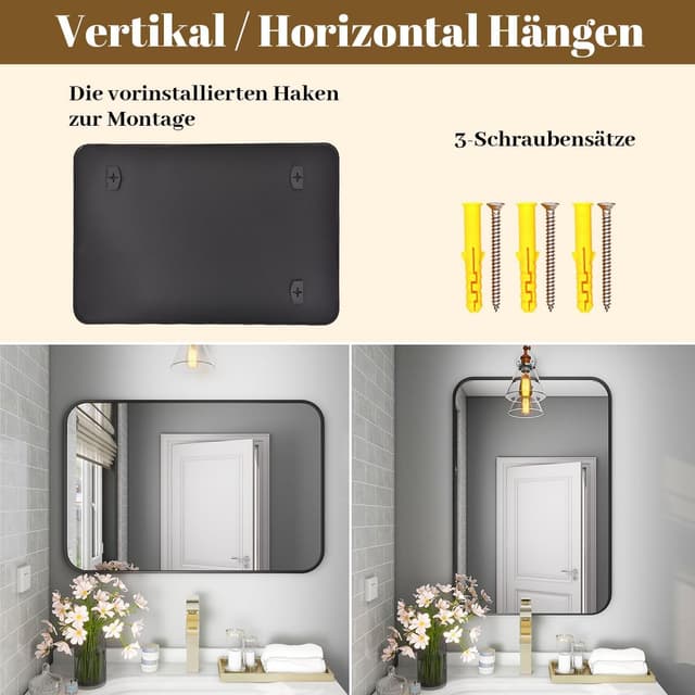 Thumbnail 6 de Koonmi Miroir mural rectangulaire 75 x 122 cm à cadre métal noir, montage horizontal ou vertical