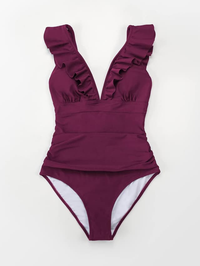 Detalle de CUPSHE Damen Badeanzug mit Rüschen und V-Ausschnitt (einteilig) – Monokini mit gekreuzten Trägern