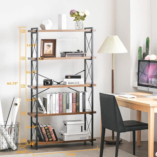 Detalle de HCHQHS 5-Tier Industrial Bookshelf with Metal Frame and Rustic Wooden Shelves (Freestanding)