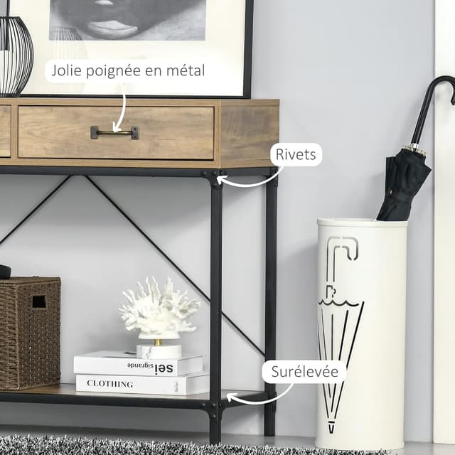 Detalle de HOMCOM Table Console d’entrée industrielle avec 2 tiroirs et plateau aspect bois (100 x 35 x 76 cm)