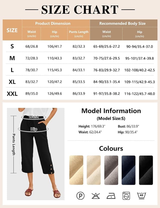 Detalle de CMTOP pantalon femme d’été chic en coton – pantacourt droit 7/8 à taille élastique