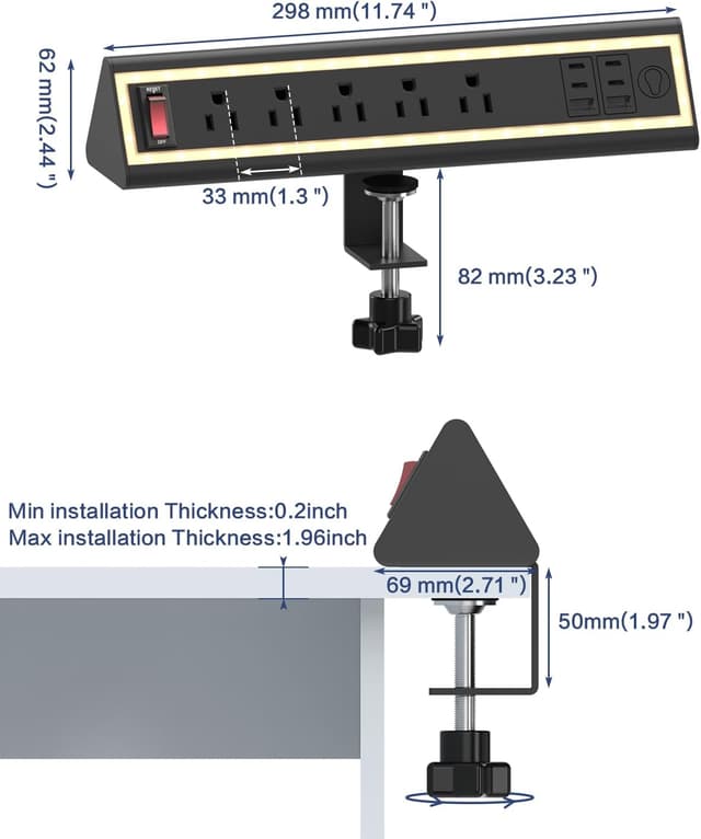 Thumbnail 6 de NYYTGE Desk Clamp Power Strip with Nightlight, 5-Outlet 40W Fast Charging (6ft Cord) — Fits 1.69-Inch Table Edges
