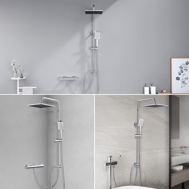 Detalle de Auralum Colonna Doccia Senza Miscelatore con Soffione Quadrato 25x25 cm e Doccetta, Altezza Regolabile 74–109 cm