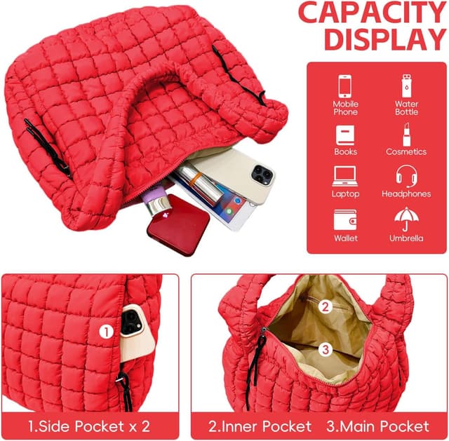 Detalle de Bagtopia Puffer Tote Bag (Large Quilted Puffer Bag) – lightweight quilted hobo bag for work, gym & travel