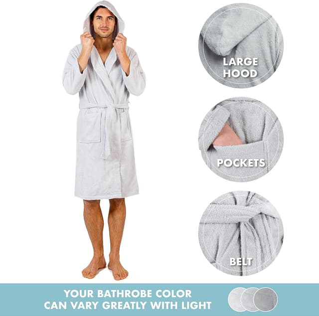 Detalle de Twinzen Herren-Bademantel aus 100% Baumwolle (350 g/m²), mit Kapuze und Gürtel