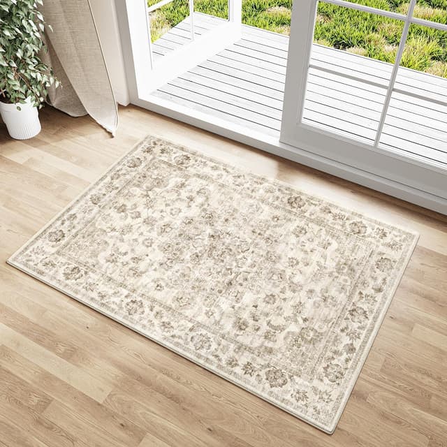 Detalle de HUGEAR Vintage Beige waschbarer Teppich (60x90 cm) – rutschfeste Fußmatte für Bad, Eingangsbereich & mehr