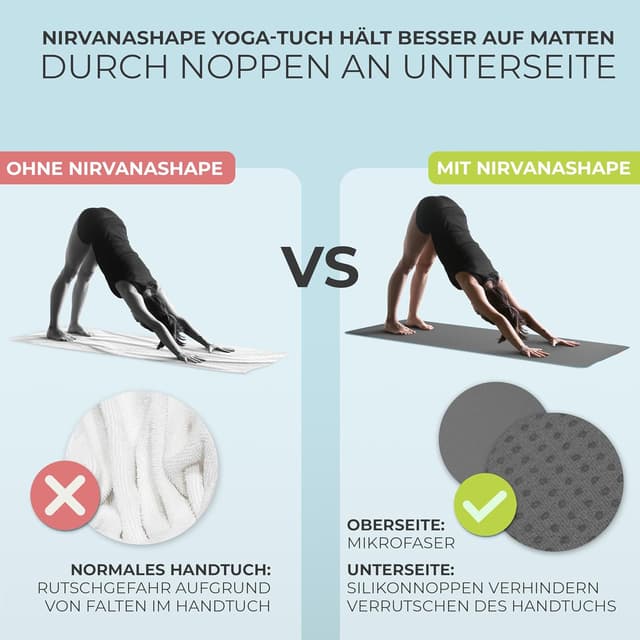 Detalle 2 de NirvanaShape Yoga Handtuch rutschfest (Hot Yoga Towel) mit Antirutsch-Noppen – 185 x 63 cm