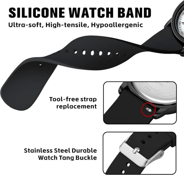 Detalle 2 de PINDOWS Analoge Quarzarmbanduhr mit Silikonband (unisex) – leuchtendes Zifferblatt, wasserfest