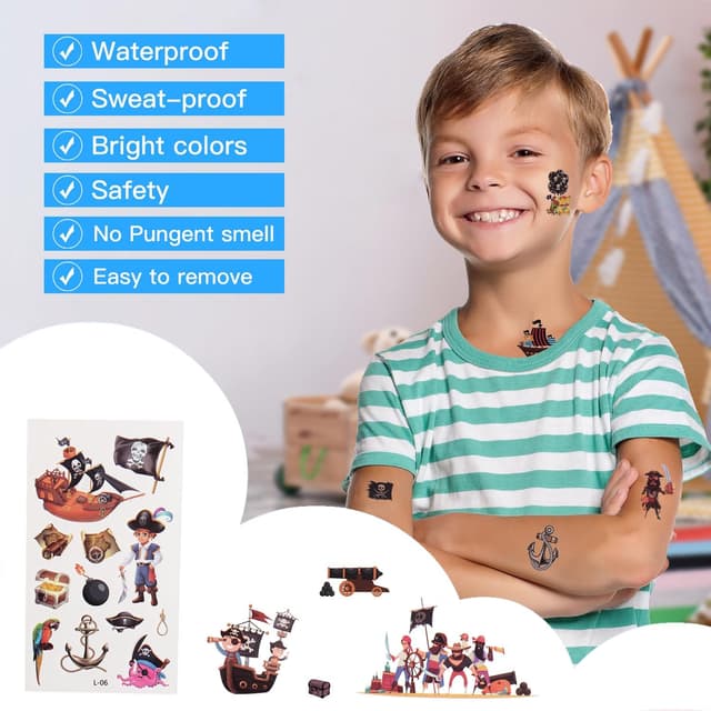 Thumbnail 6 de Piraten Kindergeburtstag-Set mit Piratenhut, Augenklappe und Piraten-Tattoos (Filz) – 8-teilig