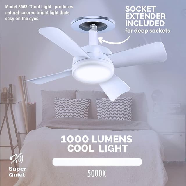 Detalle de Bell+Howell Socket Breeze modern ceiling fan bulbs with LED lights, 10" LED E26/E27 screw base mini fan with remote