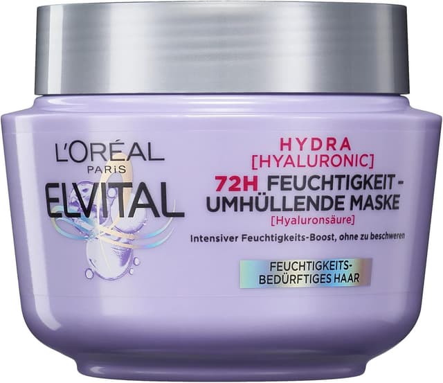 Detalle de L’Oréal Paris Elvital Hydra Hyaluronic : masque hydratant à l’acide hyaluronique pour cheveux brillants, 300 ml