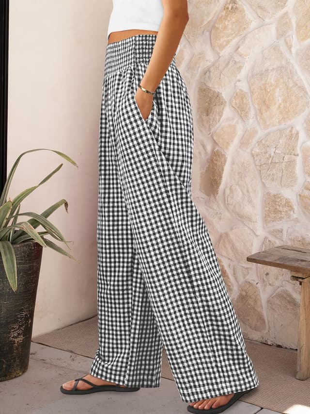 Detalle de ANRABESS Women’s Gingham-Check Palazzo Pajama Pants with High-Waist Smocked Elastic Waist