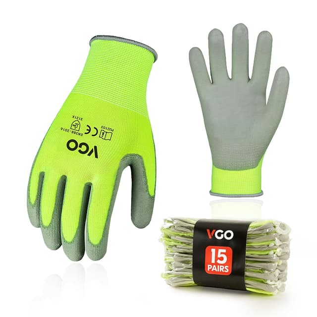 Detalle de Vgo PU2103 15 Pairs PU-coated safety work gloves (latex free), Size XL, fluorescent yellow