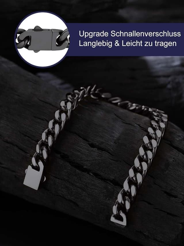 Detalle 2 de Bandmax Panzerarmband Herren aus 316L-Edelstahl, 9 mm Miami/„Kubanische“ Kettengliederarmband – schwarz