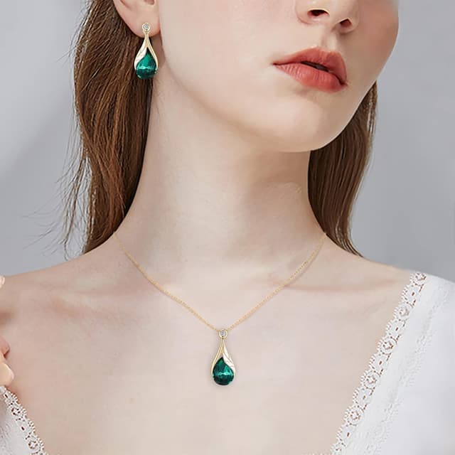 Detalle de Parure bijoux de mariage Clearine (collier + boucles d’oreilles) goutte d’eau, feuille émail, cristal autrichien et strass