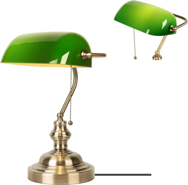 Detalle de Lampe de banquier verte JCPYIUL avec interrupteur à tirette en laiton vintage (E27) pour bureau et lecture