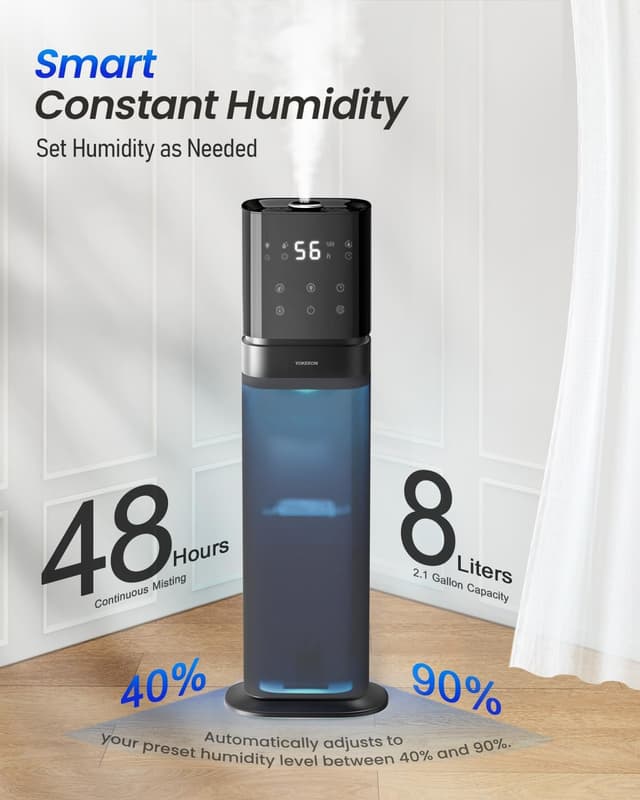 Detalle de YOKEKON 8L Cool Mist Humidifier for Large Rooms (Top Fill, 360° Nozzle, Essential Oil Tray, 5 LED Lights, 12H Timer) — Blue