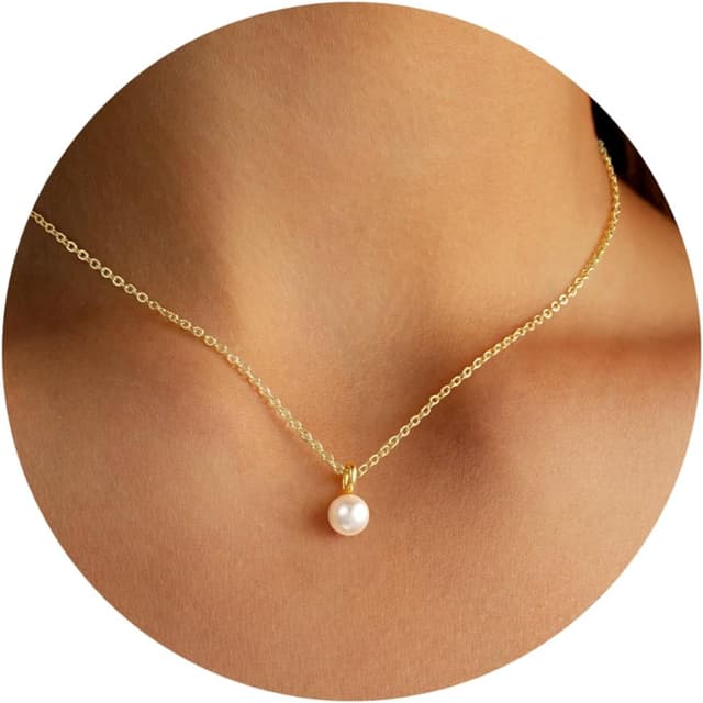 Detalle de TINGN Vergoldete Perlenkette Damen (14 Karat) – eleganter Choker mit Perlenanhänger