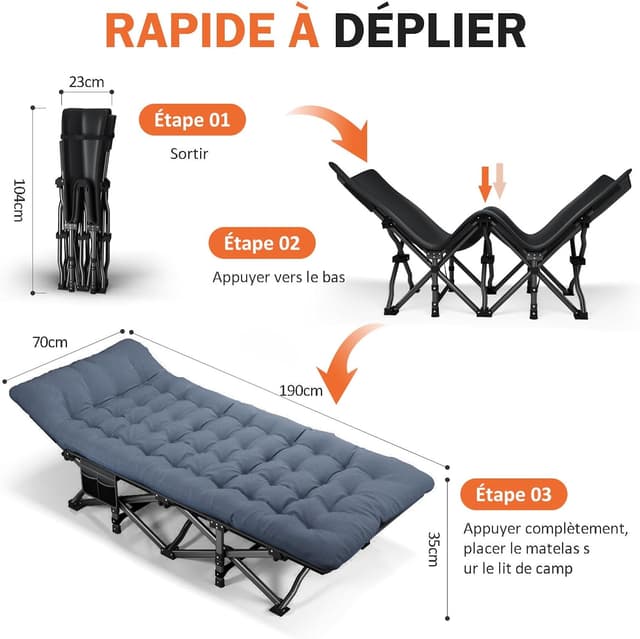 Detalle de Lit de camping pliable ATORPOK SHOP, coussin portable robuste jusqu’à 200 kg