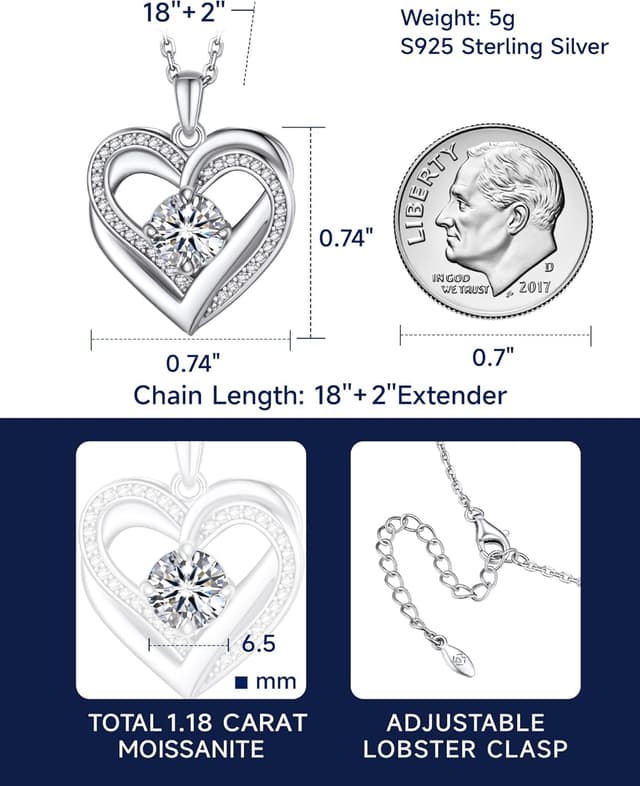 Detalle 2 de MomentWish Halskette für Damen mit 1 Karat Moissanit Herz-Anhänger aus Sterling Silber 925