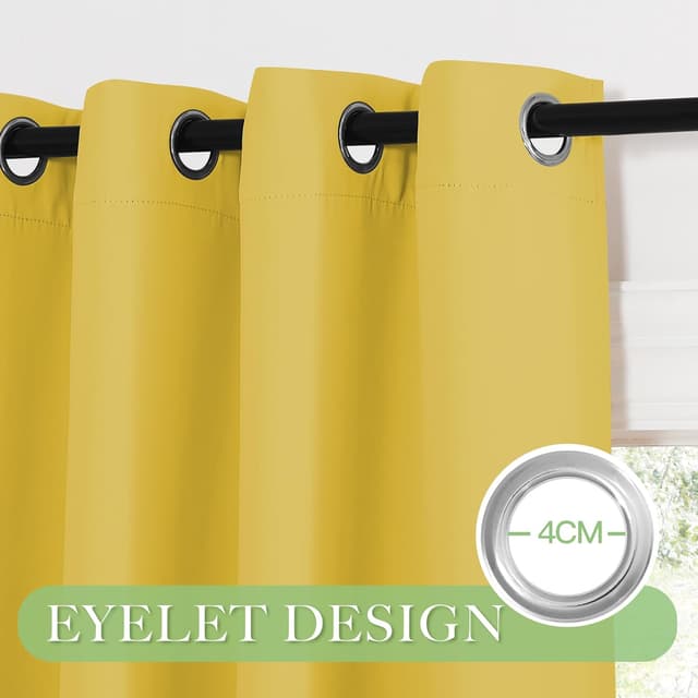 Detalle de KGORGE Thermo Kurz-Vorhänge blickdicht für Kinderzimmer, 2er-Set 145 x 140 cm (HxB) mit Ösen, Zitronengelb
