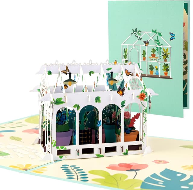 Detalle de White Glass Greenhouse pop-up greeting card set with blank note & envelope