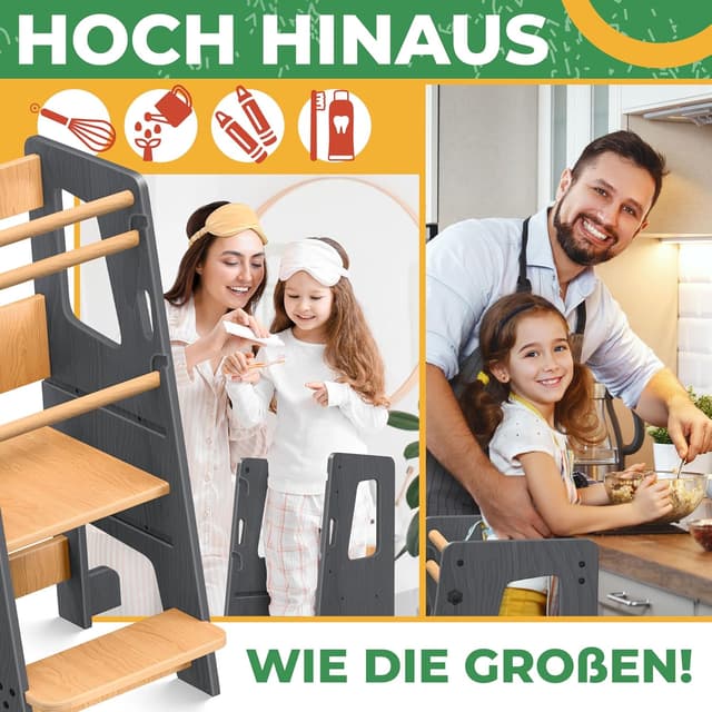 Detalle de KIDIZ® Lernturm für Kinder ab 1 Jahr inkl. Lernuhr – höhenverstellbarer Montessori Learning Tower bis 50 kg