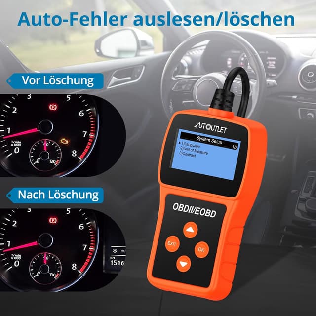 Detalle 2 de AUTOUTLET OBD2 Diagnosegerät (OBDII/EOBD), Codeleser mit DTC-Definition, 10 Sprachen, Daten in Echtzeit