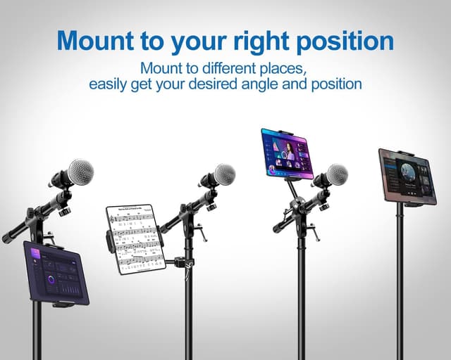 Detalle de elitehood Aluminium iPad Halterung am Mikrofonständer – 360° drehbar für iPad (4,7 bis 13 Zoll)