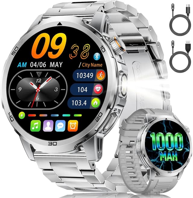 Detalle de Montre connectée homme 1,85" avec appels Bluetooth, cardio et sommeil, étanchéité IP68, torche LED 1000 mAh