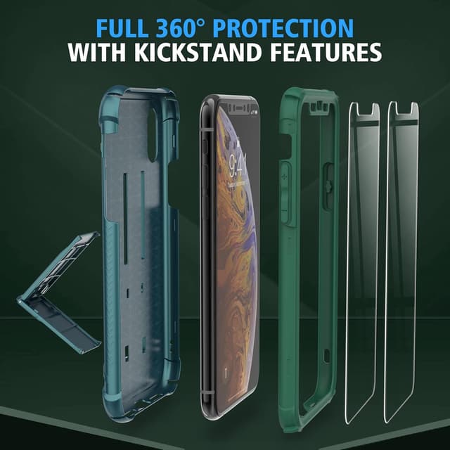 Detalle de ORETECH 5-in-1 Schutzhülle für iPhone X/XS (5,8 Zoll), stoßfest inkl. 2 Schutzfolien & Ständer – grün