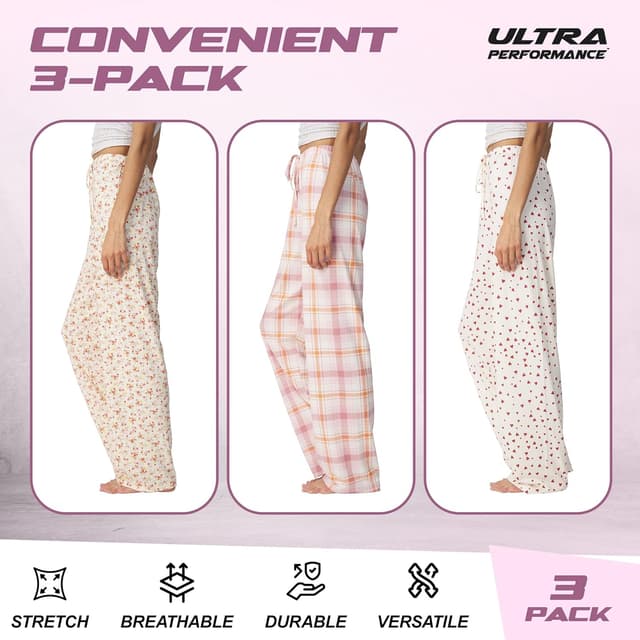 Detalle de Ultra Performance Women’s Pajama PJ Pants 3-Pack Lounge Bottoms (Plus Sizes)