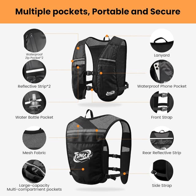 Detalle de TSINGSA Hydration Backpack running vest with 500ml soft flask and adjustable dual straps