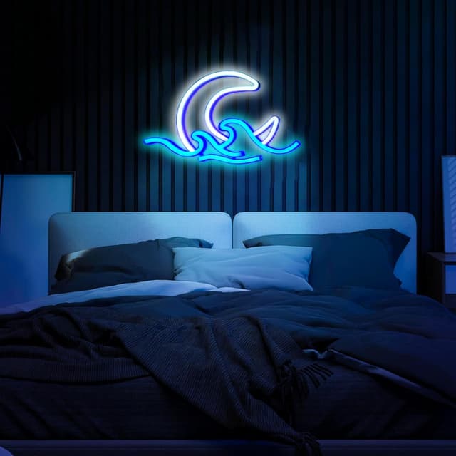 Thumbnail 6 de WIOSOUL Moon Wave Neonschild – blauer Mond über Meer als LED-Wandleuchte (USB oder 3×AA, 29,5 × 18 cm)