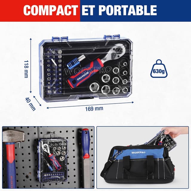 Thumbnail 6 de WORKPRO Coffret de douilles et embouts 42 pièces, mini clé à cliquet 1/4" double tête 2-en-1