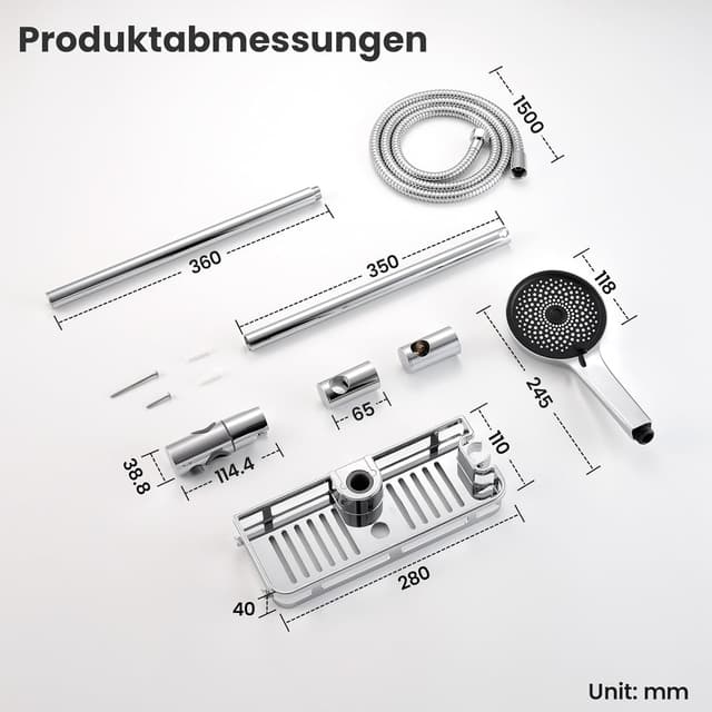 Thumbnail 6 de Duschstange Komplettset (70 cm) mit 5-fach Handbrause, Edelstahl-Schlauch & Ablage – ohne Duscharmatur, ohne Bohren