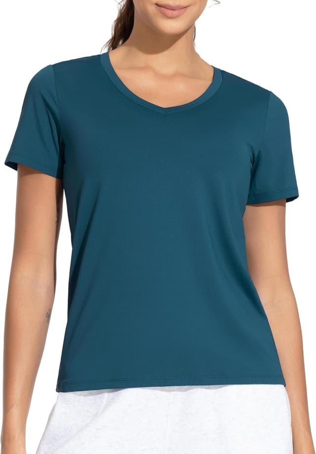 Detalle de THE GYM PEOPLE camicie da allenamento da donna con scollo a V e maniche corte traspiranti