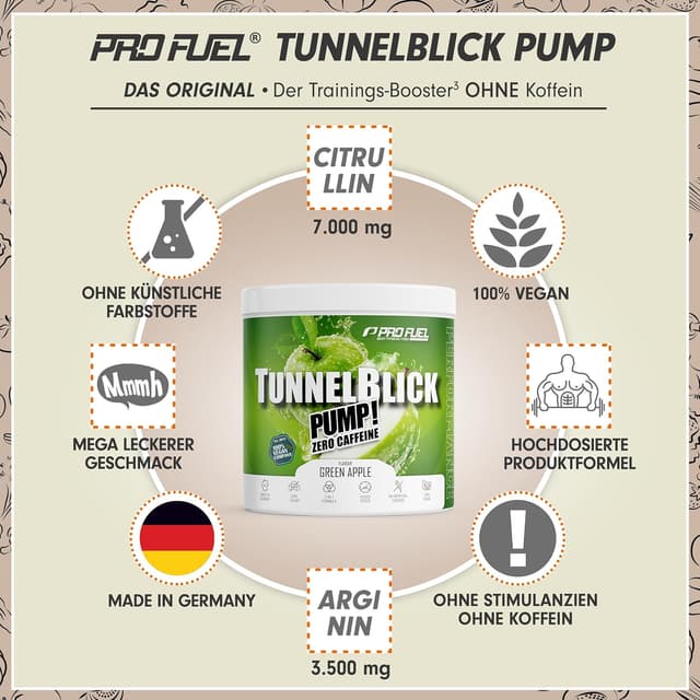 Detalle de Pump Booster³ ohne Koffein (Green Apple, 440 g) – koffeinfrei Pre-Workout Booster mit Citullin, Arginin & Fokus